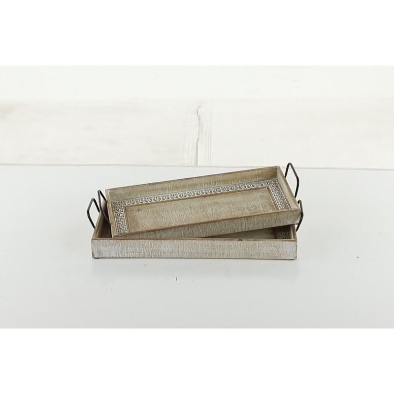 Olivia & May Set of 2 Rectangular Wood Tray with Inlay and Metal Handles Black : Bohemian Carved, Indoor Use Decor