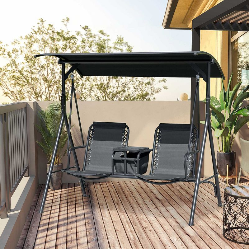 Outsunny 2 Person Porch Swing with Canopy, Covered Patio Swing with Pivot Storage Table, Cup Holder, & Adjustable Overhead Canopy, Black
