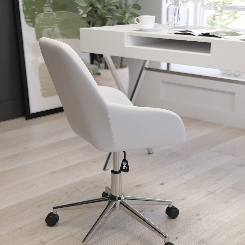 Merrick Lane Home Office Bucket Style Chair with White Faux Leather Upholstery and 360 Degree Rotating Swivel On Chrome Frame