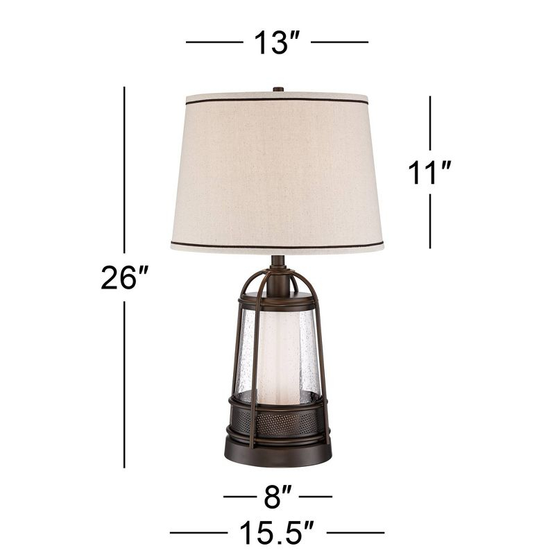 Franklin Iron Works Hugh Industrial Rustic Table Lamp 26" High Bronze Metal Seeded Glass with LED Nightlight Off White Shade for Bedroom Living Room