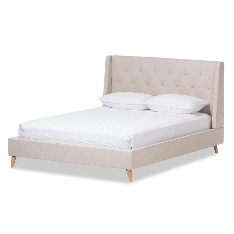 Baxton Studio Queen Adelaide Retro Modern Fabric Upholstered Platform Bed Light Beige: No Box Spring Needed, Polyester Fill