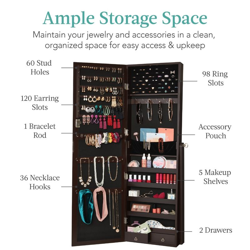 Best Choice Products Jewelry Armoire Cabinet, Full Length Mirror w/ Velvet Storage Interior, Lock - Espresso