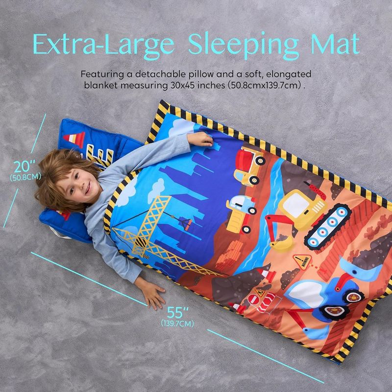 Joyfy Construction Scenes Toddler Nap Mat with Pillow & Blanket- 55''*30'' for Kids Ages 3-7 Years - Kids Roll Up Nap Mat for Preschool & Sleepovers