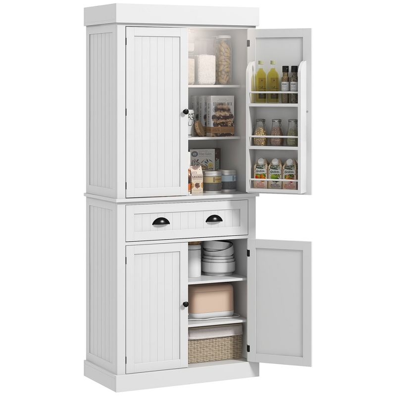 HOMCOM 71" LED Kitchen Pantry Cabinet, Tall Storage Cabinet with 6 Door Shelves, a Drawer and 4 Adjustable Shelves, White