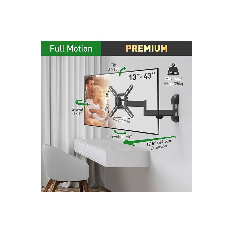 Barkan 13" - 43" Full Motion TV Wall Mount - Extension, Swivel & Tilt