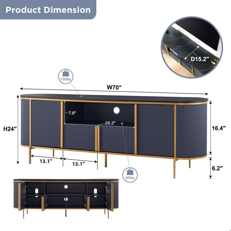 SinCiDo 70" Luxury TV Stand w/Faux Marble Top, Modern TV Console for TVs Up to 80 inches, Navy Blue