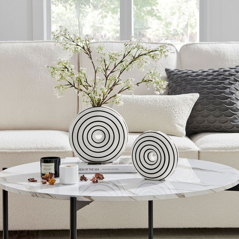 Danya B. Etta Two Piece Glossy Ceramic Black and White Striped Round Hollow Circle Donut Vase Set