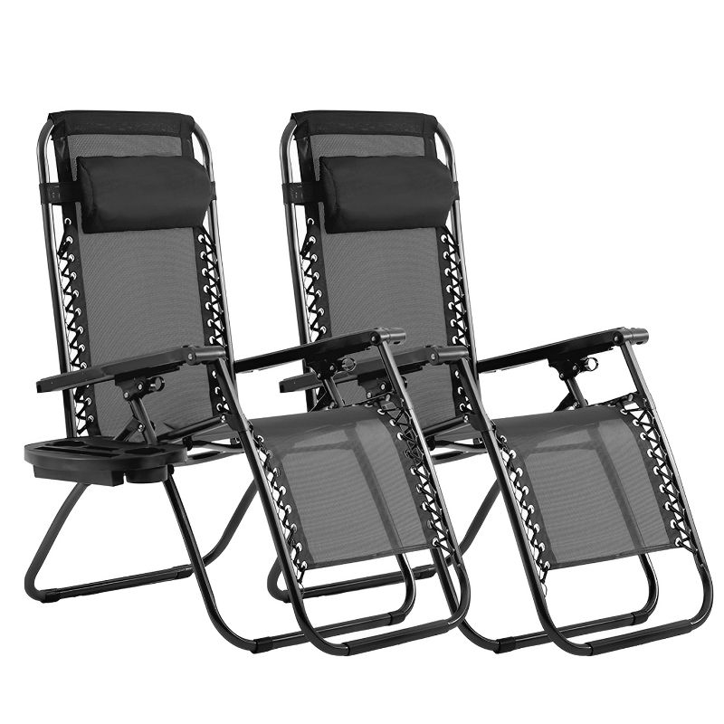 FDW Zero Gravity Lawn Lounge Chairs Set of 2 with Pillow and Cup Holder - Adjustable Reclining Folding Outdoor Chairs for Deck, Beach, Yard,Black
