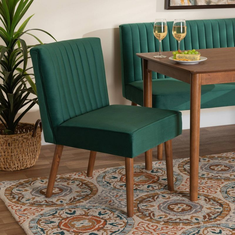 Alvis Velvet Upholstered and Wood Dining Chair Emerald Green/Walnut - Baxton Studio: Channel Tufted, Angled Legs