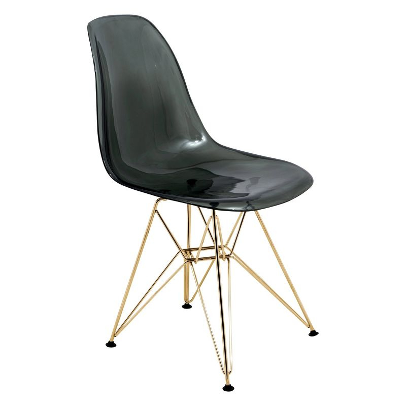 LeisureMod 5-Piece Dining Set with 35" Round Dining Table in White Iron Pedestal Base and 4 ABS Plastic Side Chair with Gold Base, Transparent Black