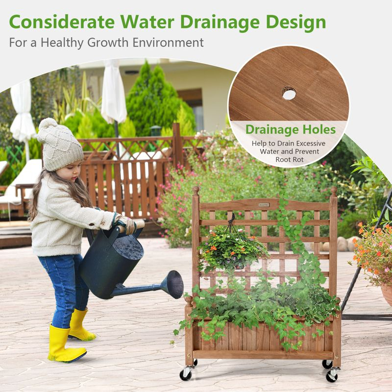 Tangkula 32in Wood Planter Box with Trellis and Wheels Mobile Plant Raised Bed for Indoor&Outdoor