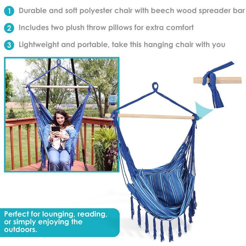 Sunnydaze Double Cushion Hanging Rope Hammock Chair Swing - 265 lb Weight Capacity - Cornflower Stripes