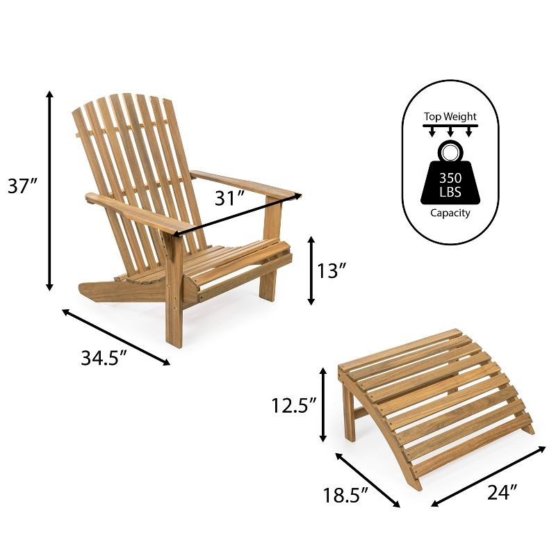 Saranac 2-Piece Traditional Rustic Acacia Wood Adirondack Chair with Detachable Ottoman, Teak Brown - JONATHAN Y
