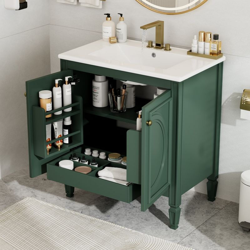 Christopher Knight Home Alison 30" Modern Rubberwood Bathroom Vanity with Ceramic Sink, Shelves and Drawer, Green