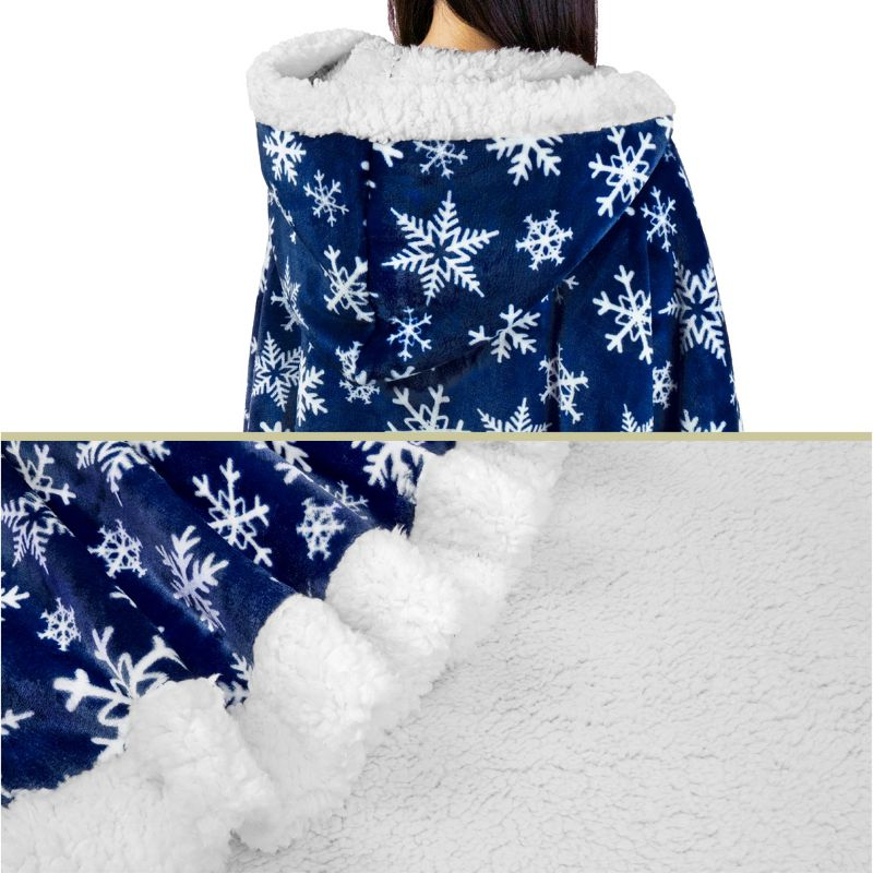 PAVILIA Angel Wrap Hooded Blanket for Women Adult, Wearable Cozy Wrap Throw Fleece Shawl Cape, Snowflake Blue/Faux Shearling
