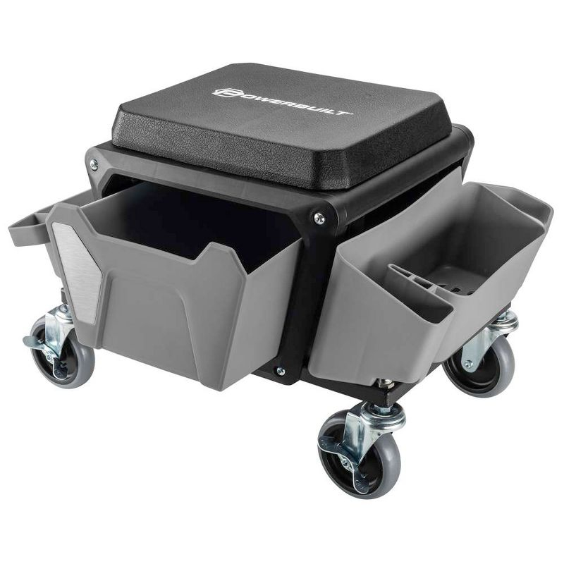 Powerbuilt Rolling Utility Seat with Side Trays and Drawer