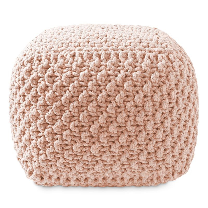 Casafield Square Pouf Ottoman, Light Pink - 18.5" W x 18.5" D x 14.5" H Cotton Knit Foot Stool - Boho Floor Pouffe for Living Room