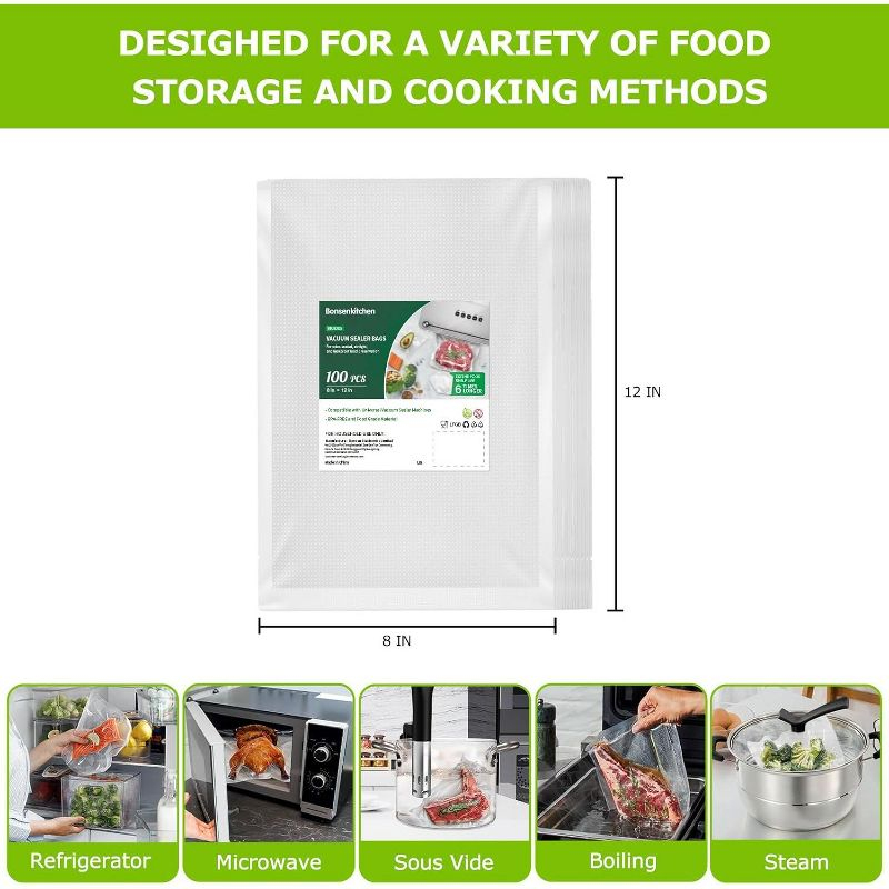 Bonsenkitchen Precut Vacuum Food Sealer Bags 100 Quart 8" x 12", BPA Free, Commercial Grade Textured,Thick Embossed Bags,Storage and Sous Vide Cooking