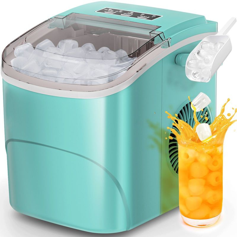 R.W.FLAME Ice Makers Countertop with Handle,26.5Lbs/24H,9 Cubes in 6 Mins,2 Sizes of Bullet Ice,Portable Ice Maker Machine with Self-Cleaning, green