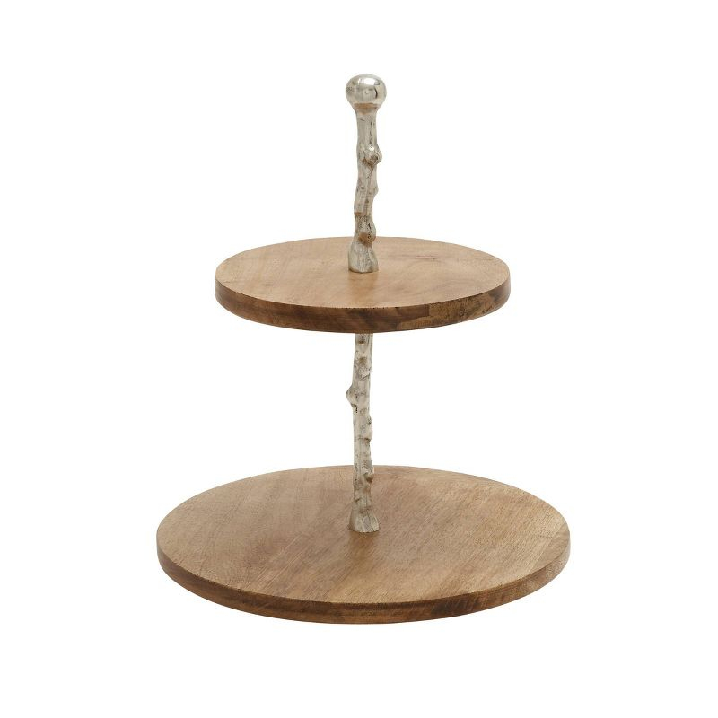18" 2-Tier Round Modern Mango Wood and Aluminum Tray Stand Brown - Olivia & May: Chic Display for Decor, Non-Food Safe, Indoor Use