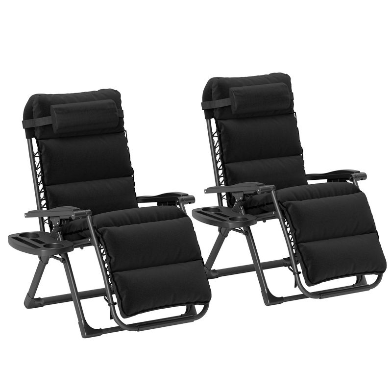 Outsunny Zero Gravity Lounge Chair Set of 2 Reclining Folding Outdoor Lounge Chairs with Cushion, Headrest, and Side Tray for Patio, Beach, Black