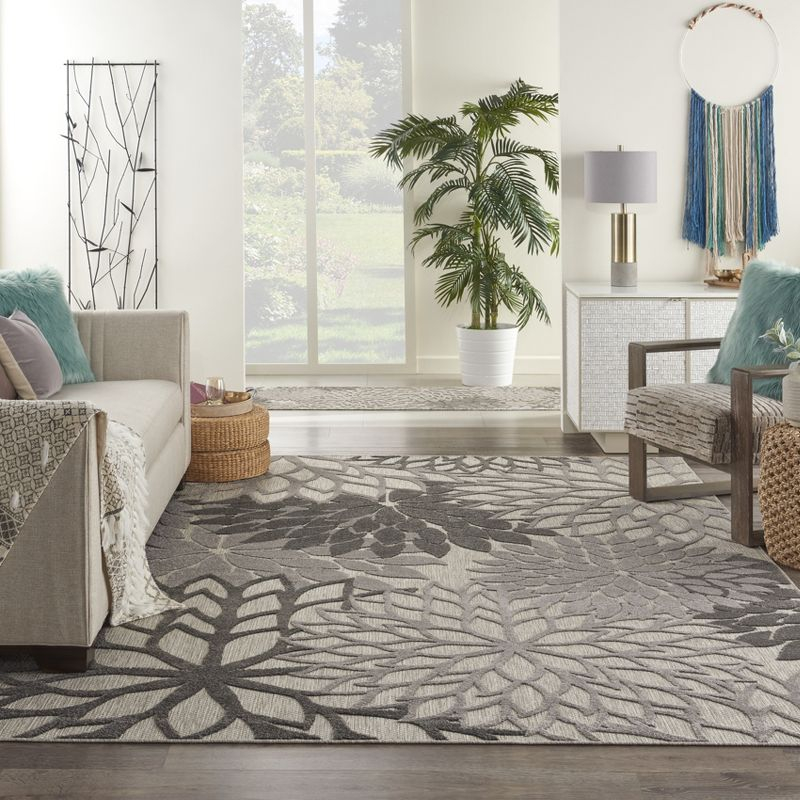 Nourison Aloha Floral Bloom Flatweave High-Low Indoor Outdoor Area Rug Silver Grey 7' x 10'