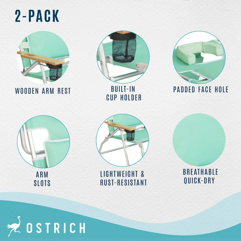 Ostrich Deluxe Padded 3-N-1 Lightweight Portable Adjustable Outdoor Folding Chair for Lawn Beach Lake Camping Lounge with Footrest, Teal (2 Pack)
