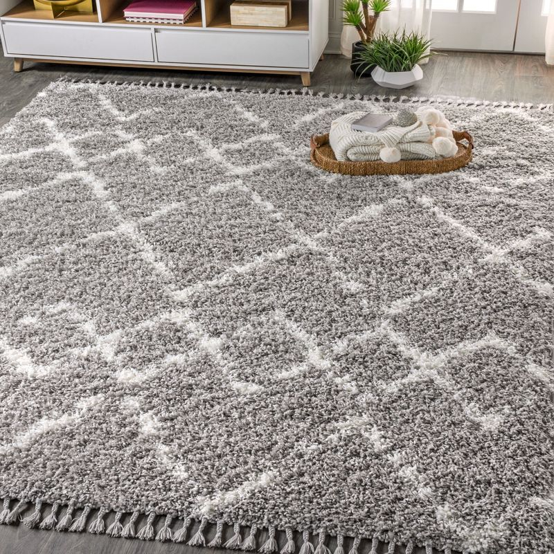 3'x5' Mercer Shag Plush Tassel Moroccan Geometric Trellis Area Rug, Grey/Cream - JONATHAN Y