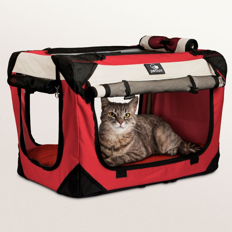 PetLuv Cat & Dog Carrier Foldable Pet Travel Crate, Removable Plush Pillow, Privacy Windows, Locking Zippers, Pocket, Seatbelt Straps, Medium Red