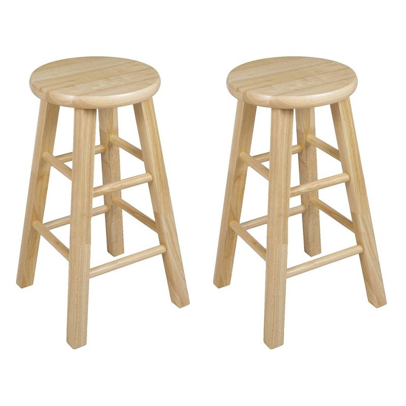 PJ Wood Round-Seat 24 Inch Tall Kitchen Counter Stools for Homes, Dining Spaces, and Bars with Backless Seats, 4 Square Legs, Natural, Set of 2