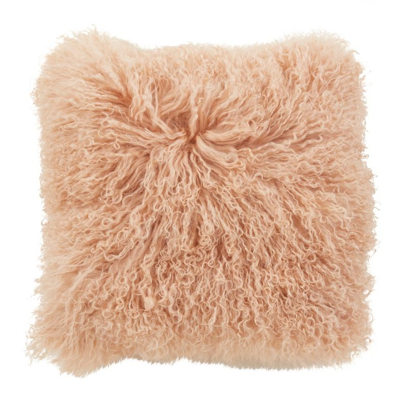Saro Lifestyle 100% Wool Mongolian Lamb Fur Throw Pillow With Poly Filling, Peach, 16" x 16"