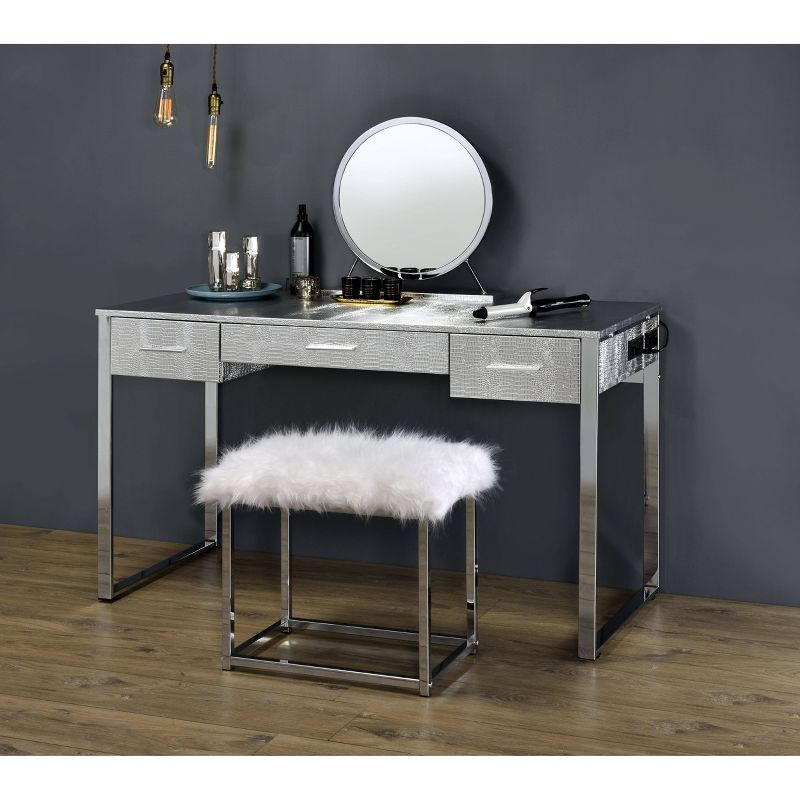 50" Myles Vanity Table Antique White, Chrome Finish - Acme Furniture: Built-in Outlet, USB, Storage