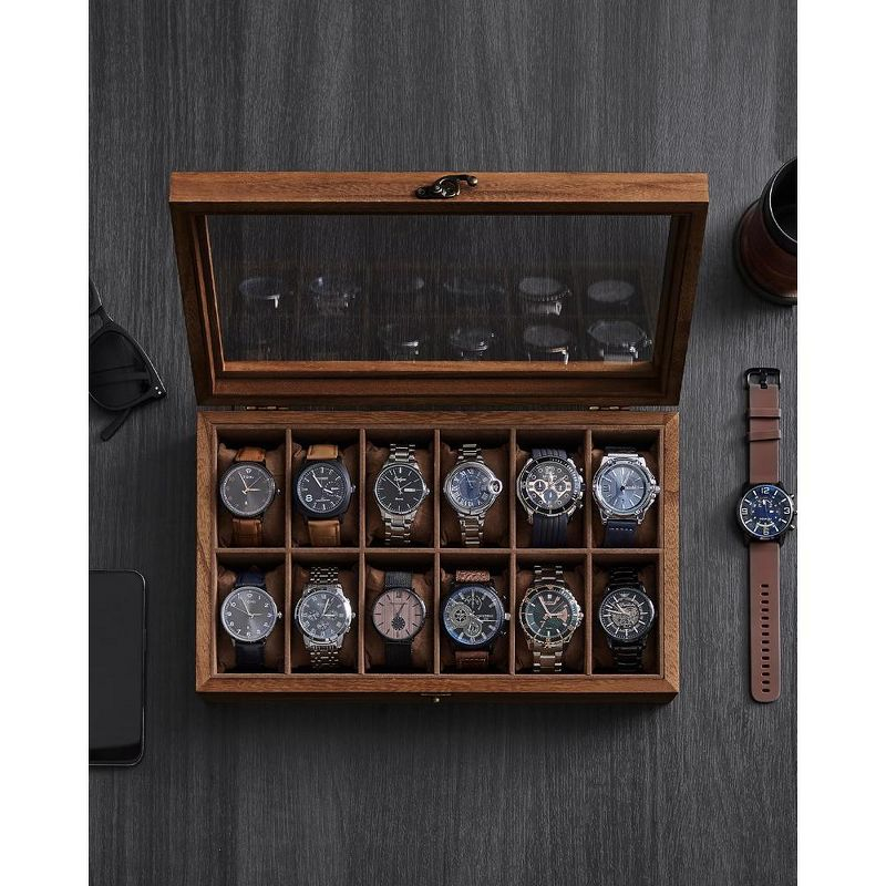 SONGMICS Watch Box 12-Slot Watch Case Organizer Solid Wood Watch Display Case with Removable Pillows Rustic Walnut