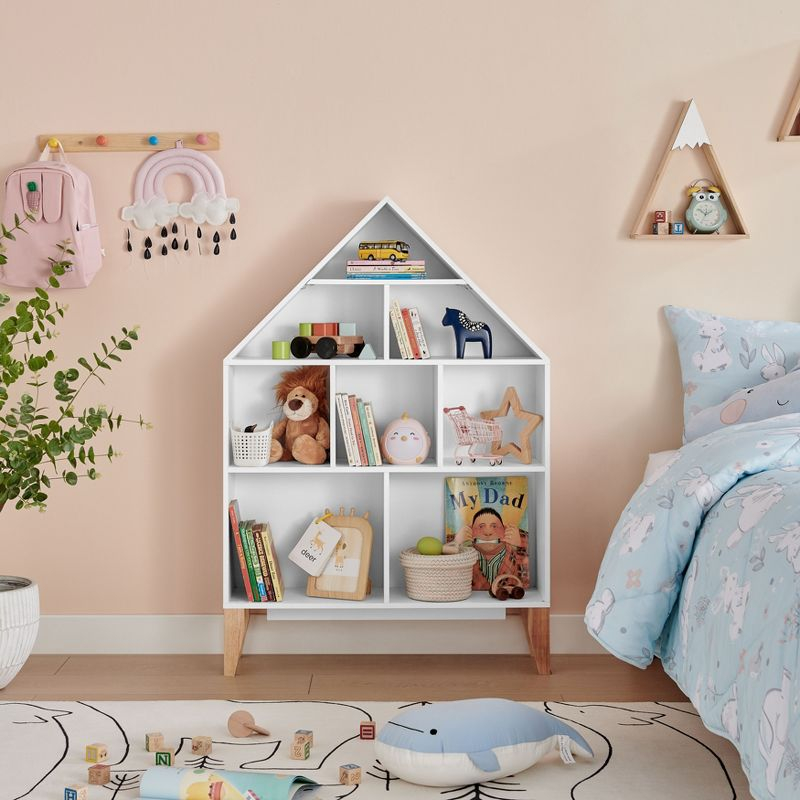 Steiner White Dollhouse 8-Compartment Kids Book or Toy Figure Display Unit Freestanding Bookshelf with Beech Legs