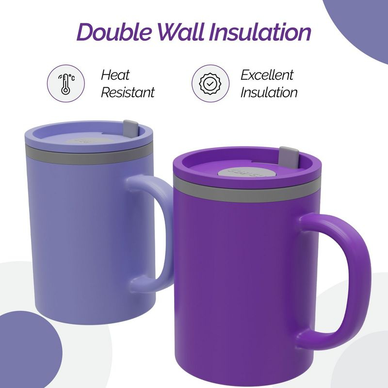 Copco Iconic 16oz Double Wall Insulated Desk Mug with Lid & Handle, Set of 2, BPA-Free Reusable Plastic, Spill-Proof, Wide Mouth (Purple/Light Purple)