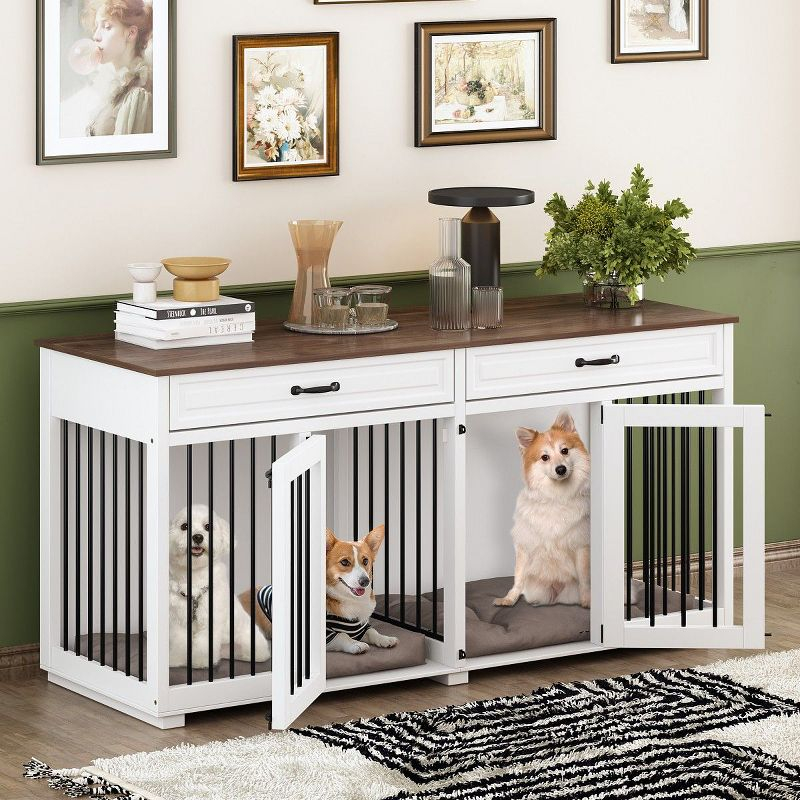 FUFU&GAGA Wooden Double Dog Crate Kennel Furniture with 2 Drawers & Divider White
