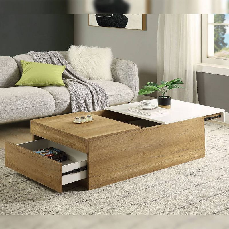 Aafje 49" Coffee Tables Oak/White Finish - Acme Furniture: Rectangular Living Room Table with Adjustable Shelves, Drawer