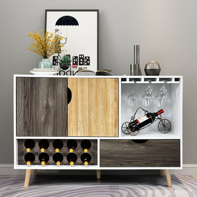 Costway Mid-Century Buffet Sideboard Wooden Storage Cabinet w/ Wine Rack & Glass Holder