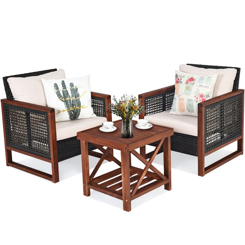 Tangkula 3-Piece Patio Rattan Wicker Bistro Set Acacia Wood Frame Sofa and Side Table