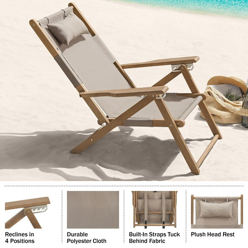 Beach Chair - Outdoor Weather-Resistant Wood Folding Chair with Backpack Straps - 4-Position Reclining Seat - Beach Essentials by Lavish Home (Taupe)