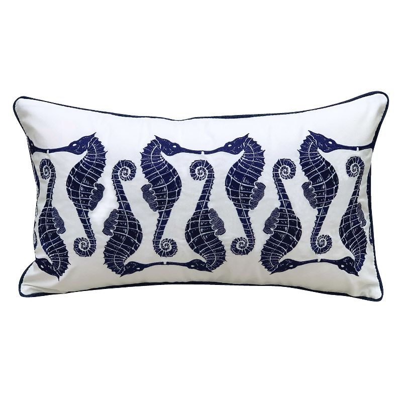 Rightside Design Indigo Series Seahorse Pattern Embroidered Outdoor Olefin Throw Pillow