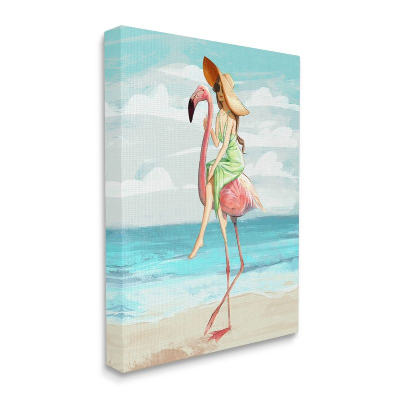 Stupell Industries Beach Woman Riding Pink Flamingo Tall Tropical Bird Gallery Wrapped Canvas Wall Art, 30 x 40