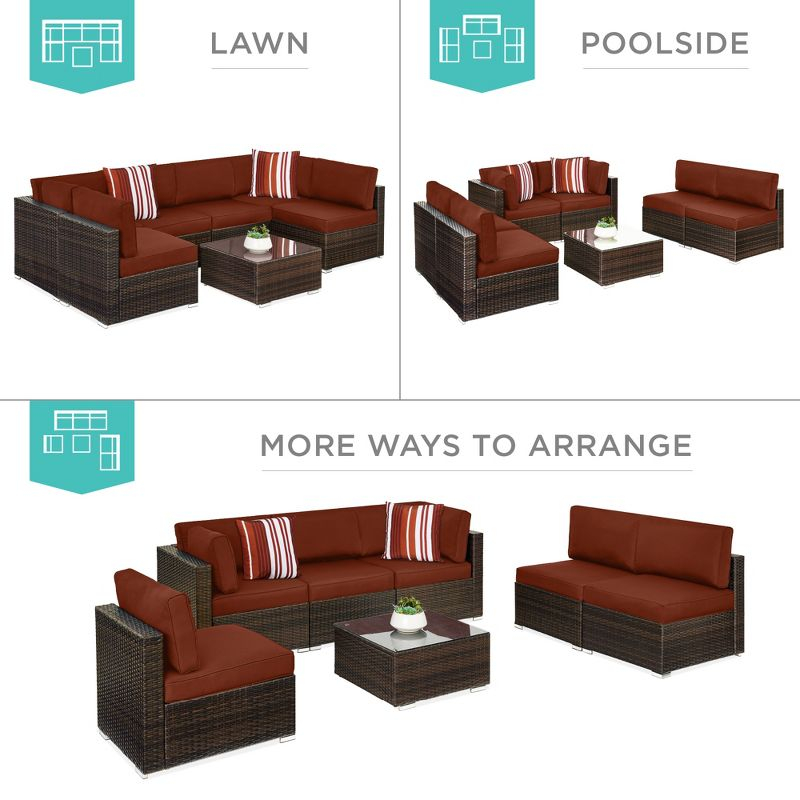Best Choice Products 7-Piece Outdoor Modular Patio Conversation Furniture, Wicker Sectional Set - Brown/Dark Rust