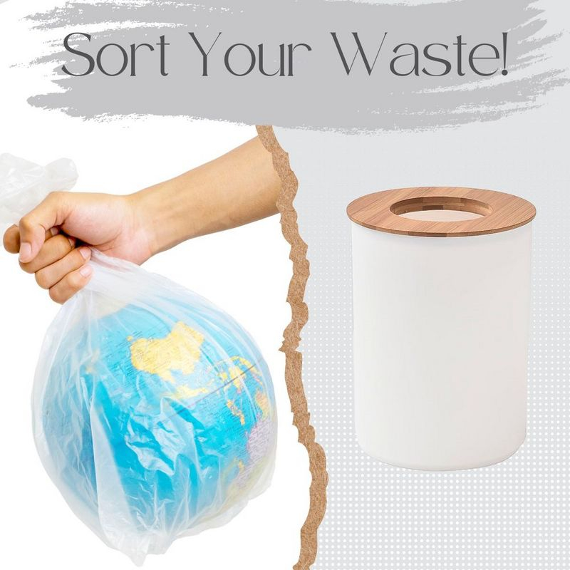 Evideco French Home Goods White Bathroom Trash Can Padang Bamboo Top 1.3 Gal - Stylish and Sustainable 5L Waste Solution