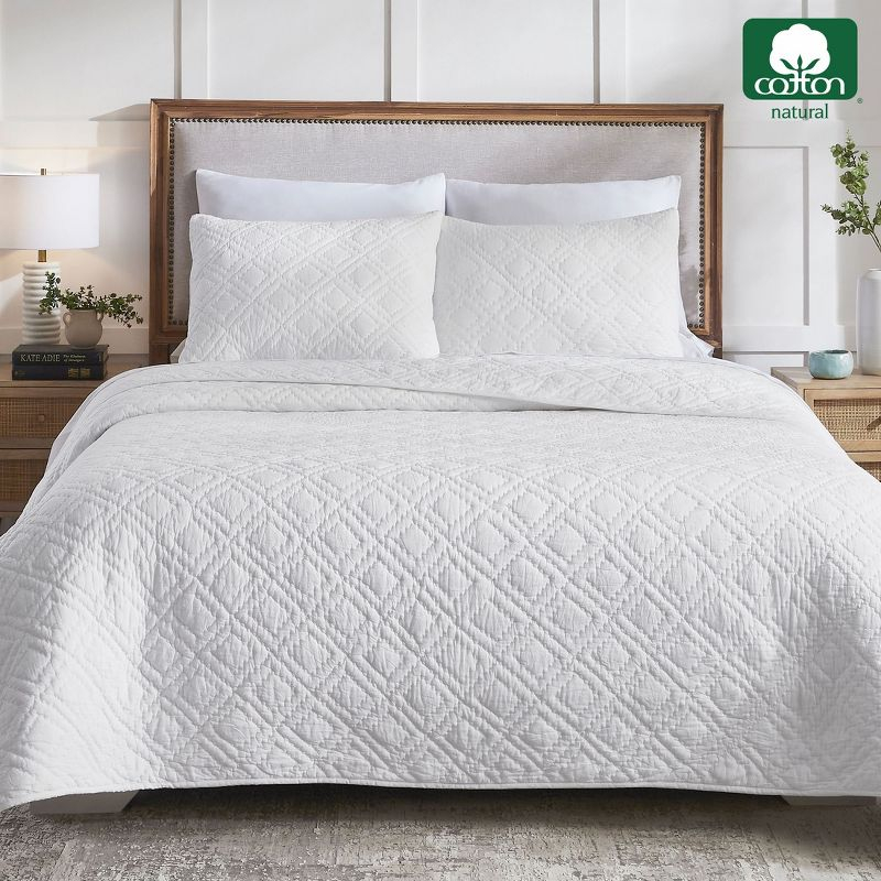 Luxury 100% Cotton Quilt Set, Hand-Quilted, Pre-Softened, Diamond Pattern by California Design Den - White, King
