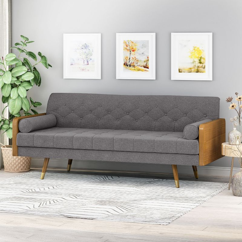 GDFStudio Aidan Mid Century Modern 72.25" Tufted Upholstered 3 Seater Sofa，Gray/Dark Walnut/Gold