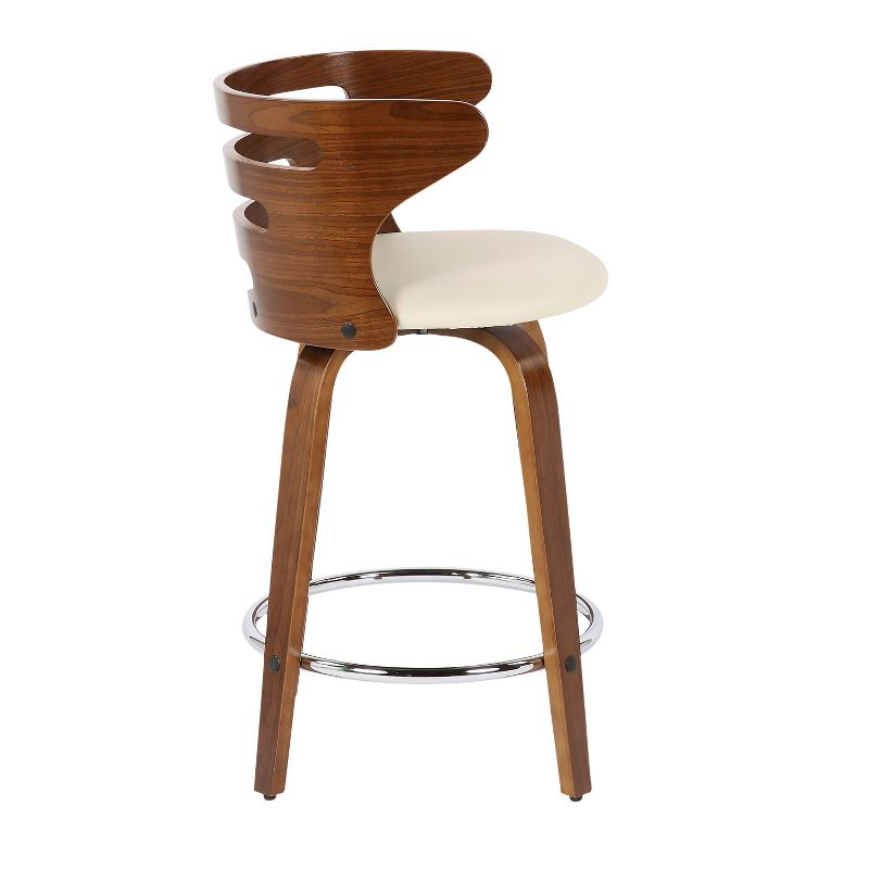 LumiSource Set of 2 Cosini Upholstered Counter Height Barstools Cream/Walnut: Swivel, Wood Legs, Faux Leather