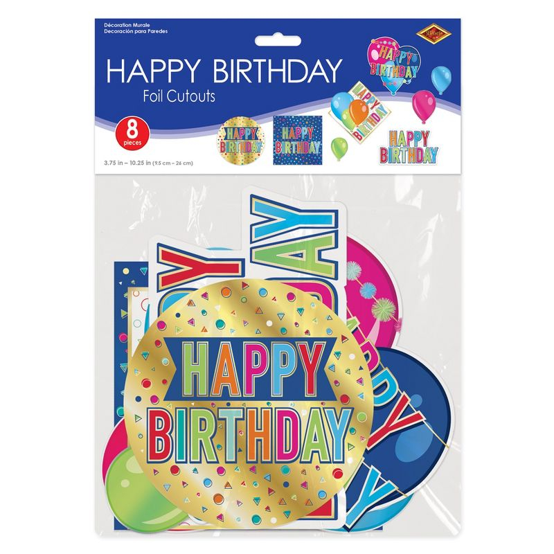 Beistle Foil Happy Birthday Cutouts, 3.75"-10.25", (16/Pkg) Multicolored