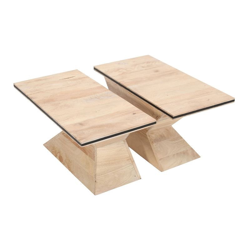 The Urban Port 34" 2pc Coffee Table Handcrafted Split Design with Hourglass Base White Washed Natural Mango Wood White