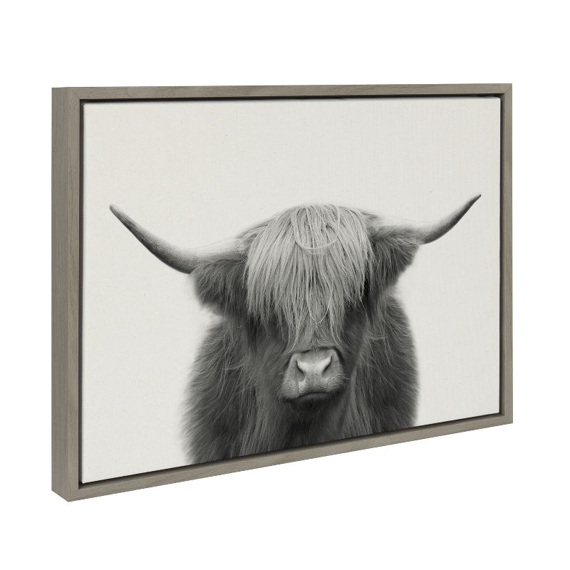 Kate and Laurel Sylvie Hey Dude Highland Cow Framed Linen Canvas by The Creative Bunch Studio, 18x24, Gray